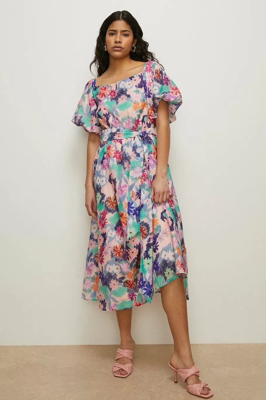 Oasis Busy Daisy Printed Bardot Midi Dress Light Pink Shop