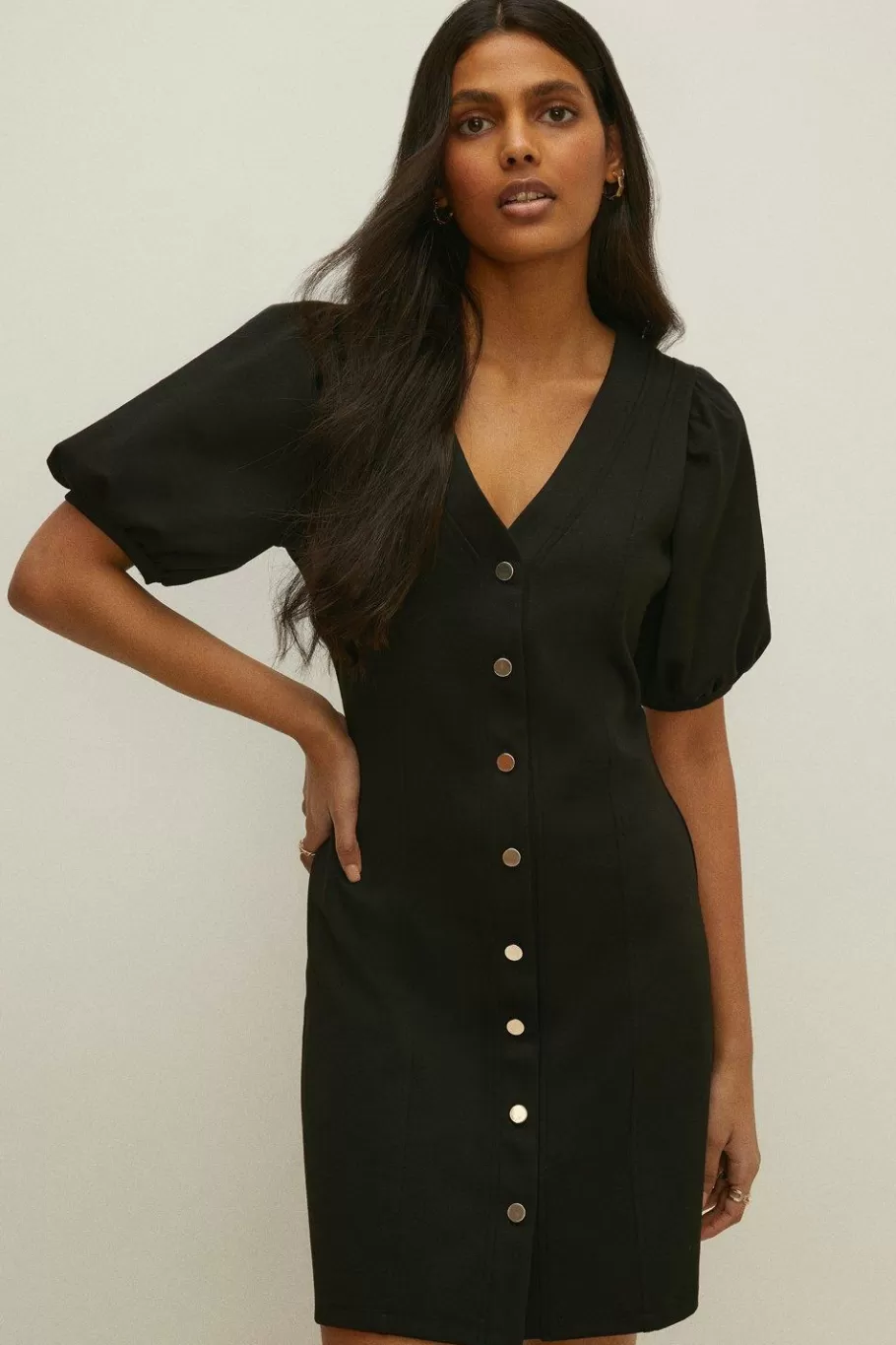 Oasis Button Front Puff Sleeve Ponte Dress Black Store