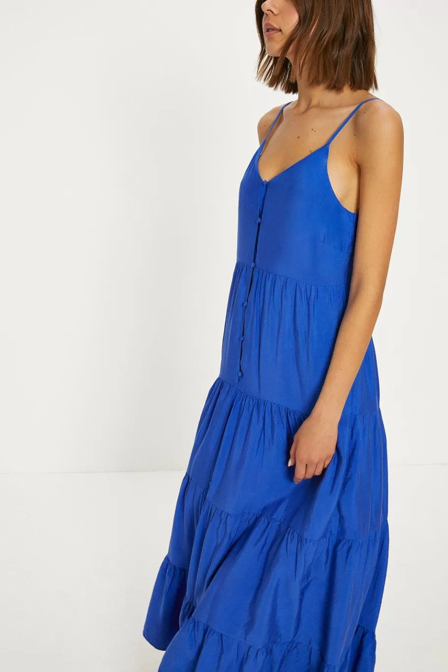 Oasis Button Front Textured Tiered Maxi Dress Cobalt Clearance