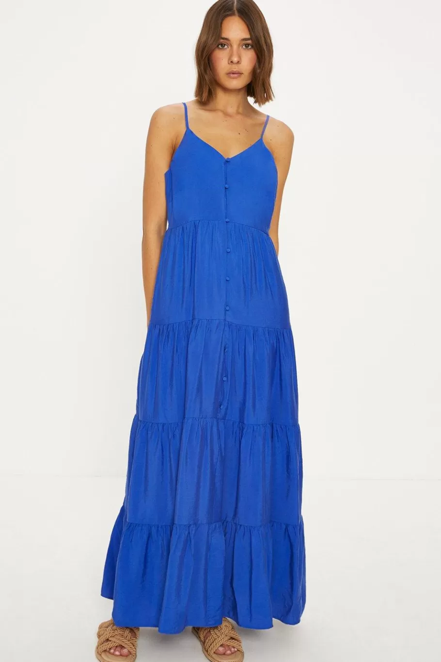 Oasis Button Front Textured Tiered Maxi Dress Cobalt Clearance