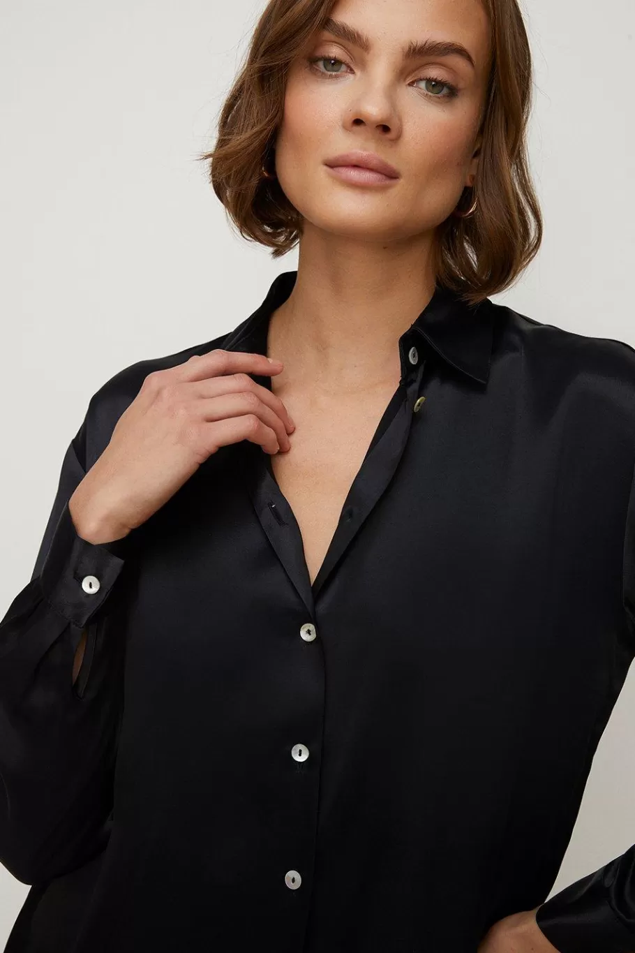 Oasis Button Through Long Sleeve Satin Shirt Black Outlet