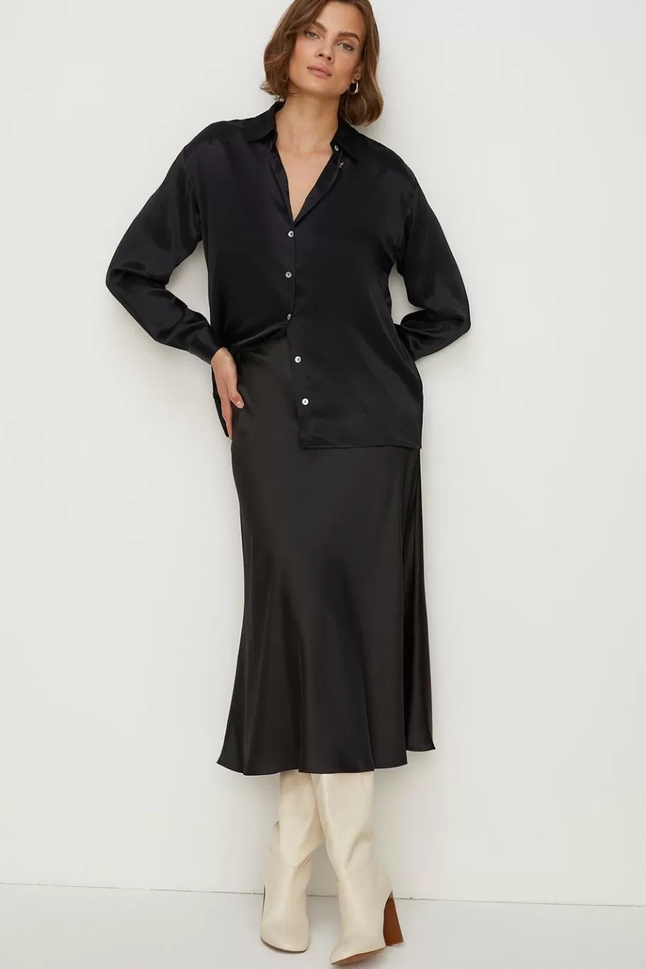 Oasis Button Through Long Sleeve Satin Shirt Black Outlet