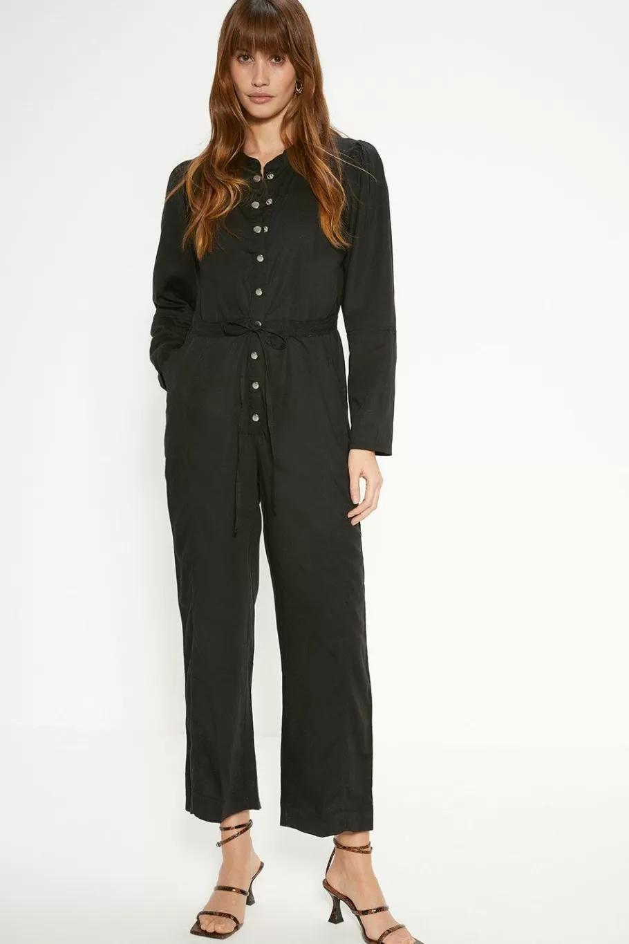 Oasis Button Through Tie Waist Tencel Jumspuit Black Sale