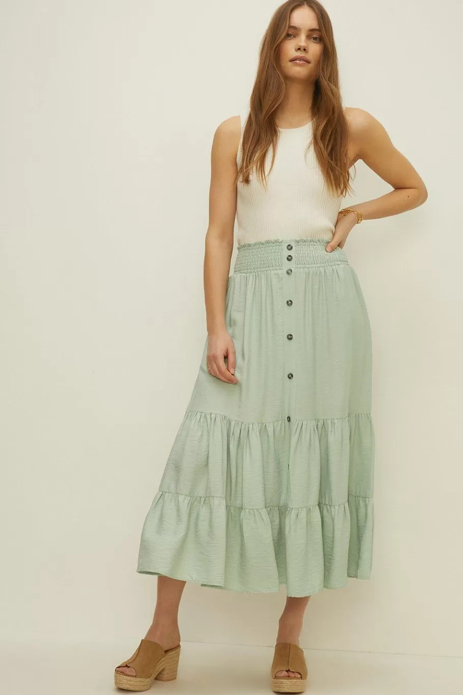 Oasis Button Through Tiered Midi Skirt Sage Hot