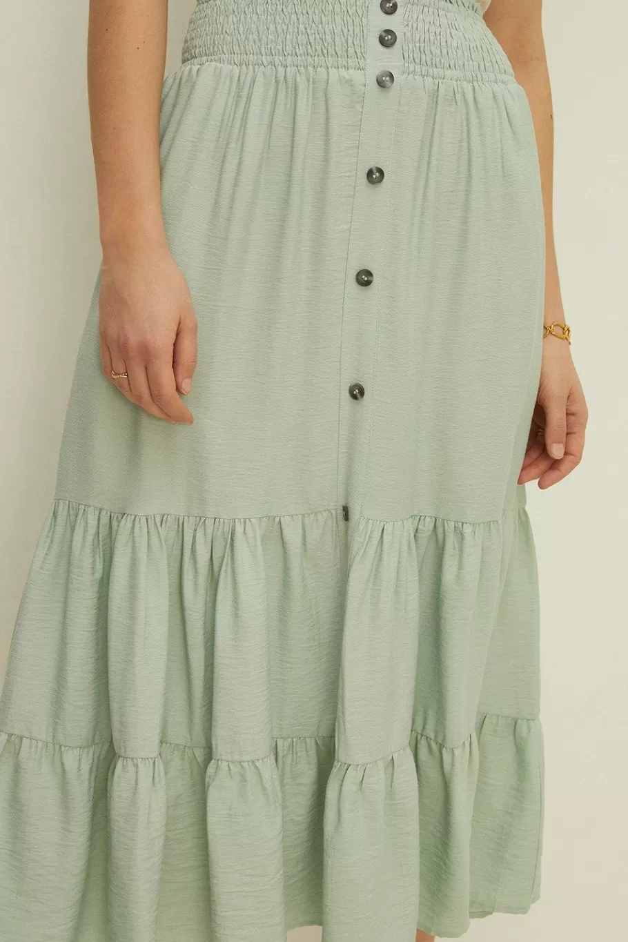 Oasis Button Through Tiered Midi Skirt Sage Hot