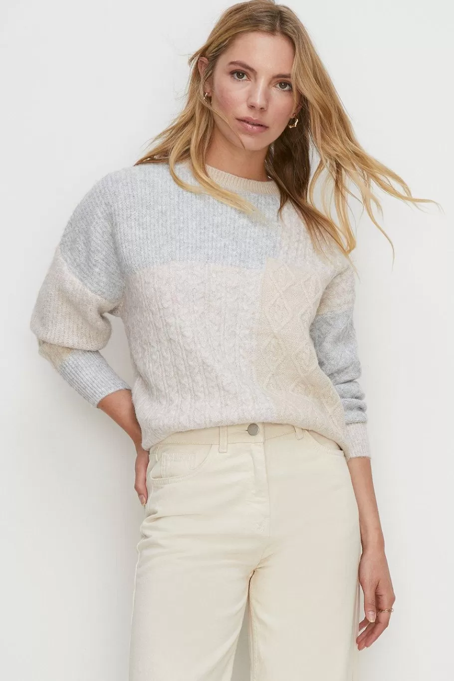 Oasis Cable Colour Block Knit Jumper Pink Fashion