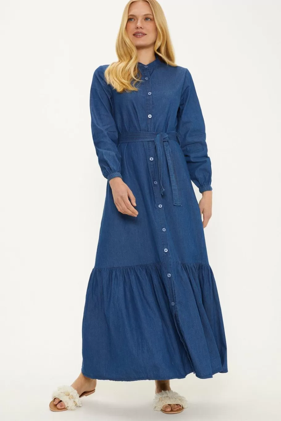 Oasis Chambray Belted Button Through Midi Dress Blue Online