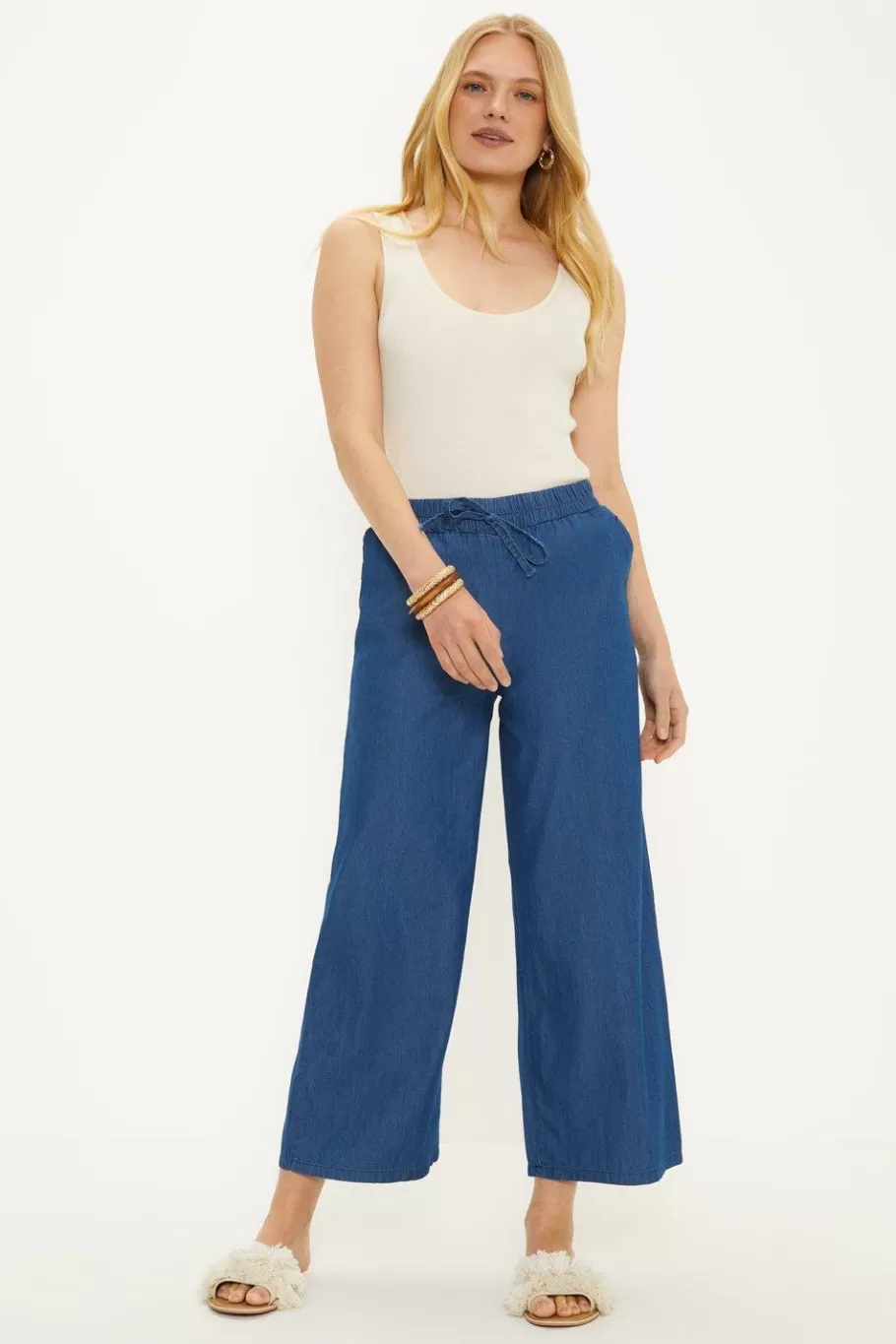 Oasis Chambray Drawstring Wide Leg Trouser Blue New