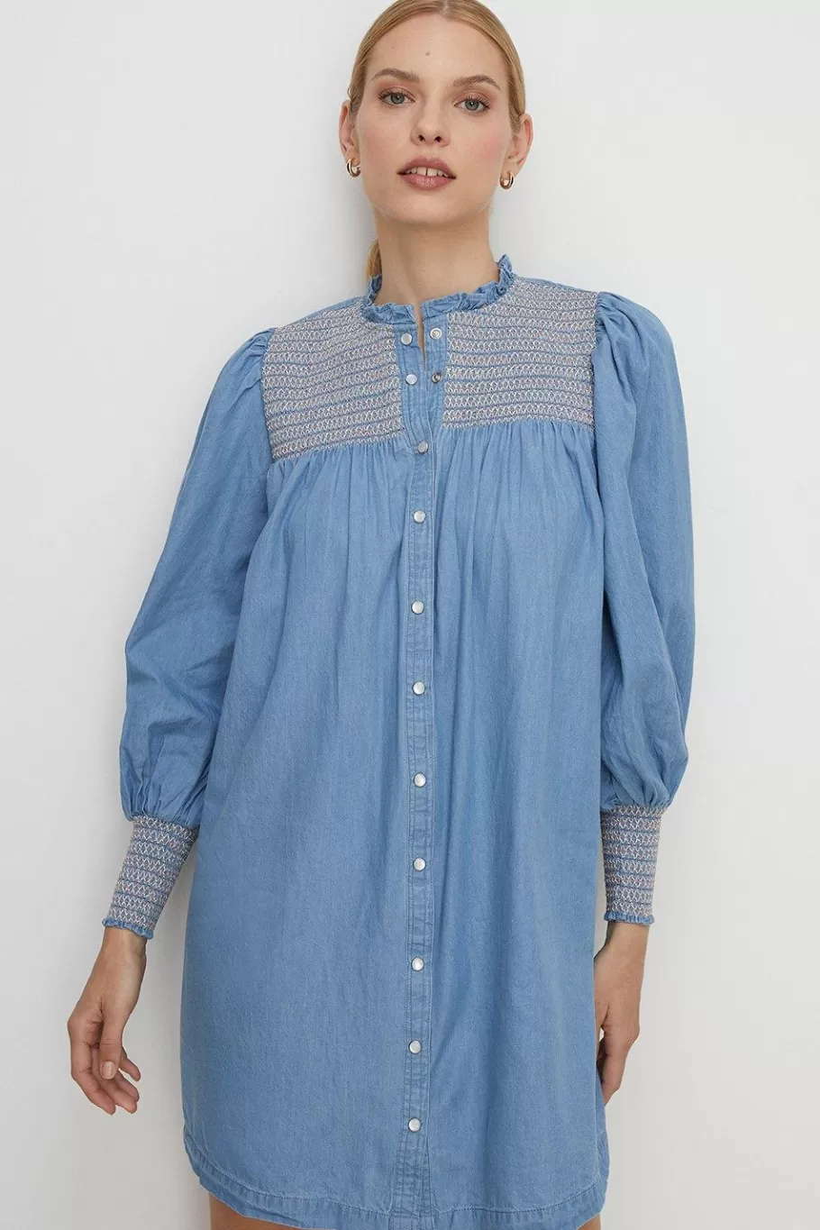 Oasis Chambray Multi Colour Smocked Shirt Dress Pale Wash Flash Sale