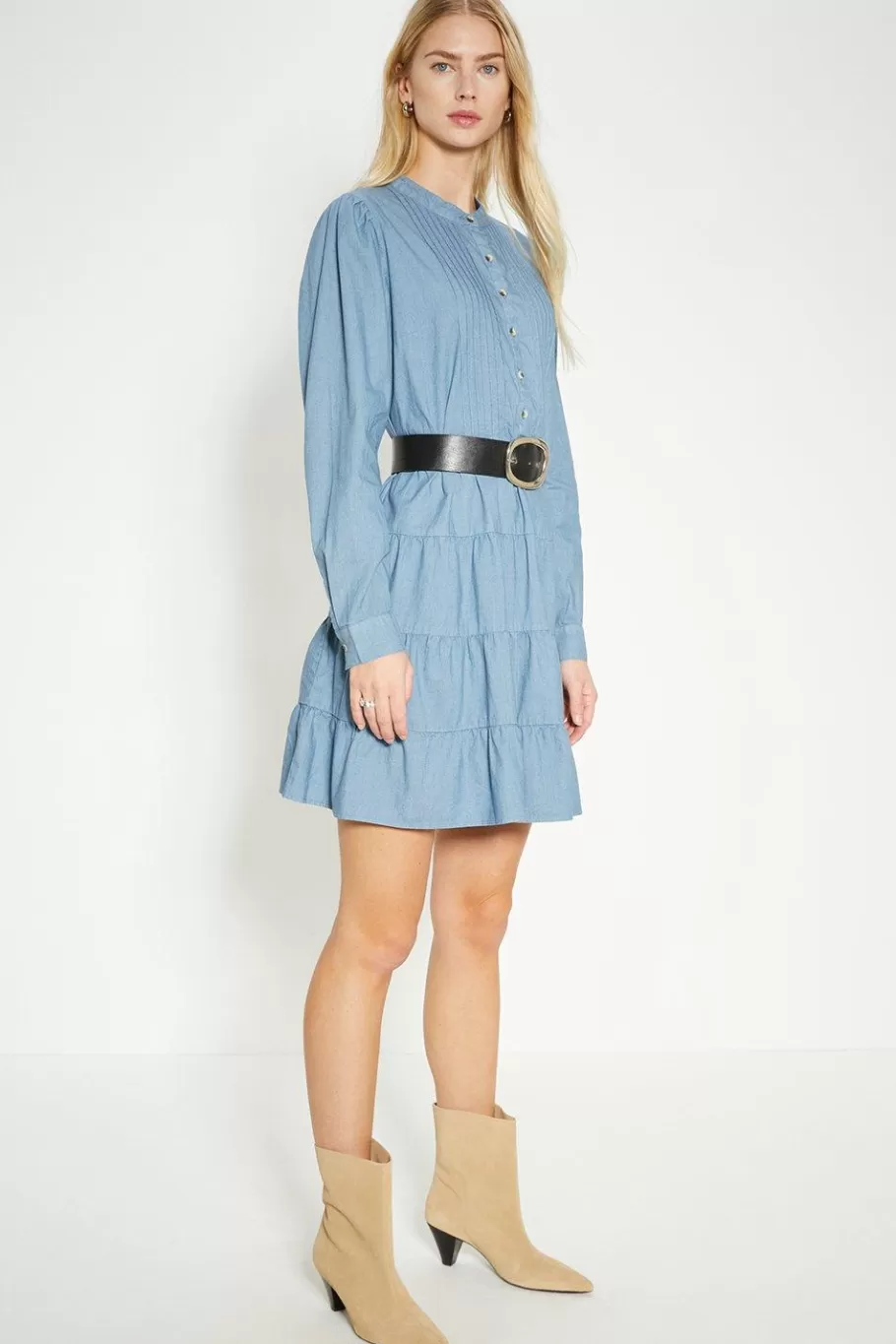 Oasis Chambray Pintuck Midi Dress Mid Wash Clearance