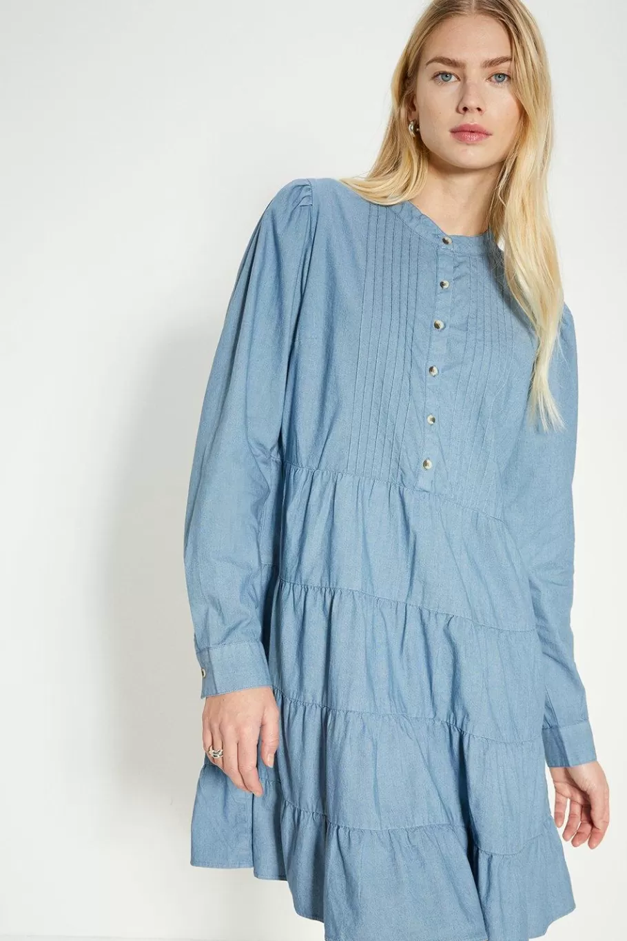 Oasis Chambray Pintuck Midi Dress Mid Wash Clearance