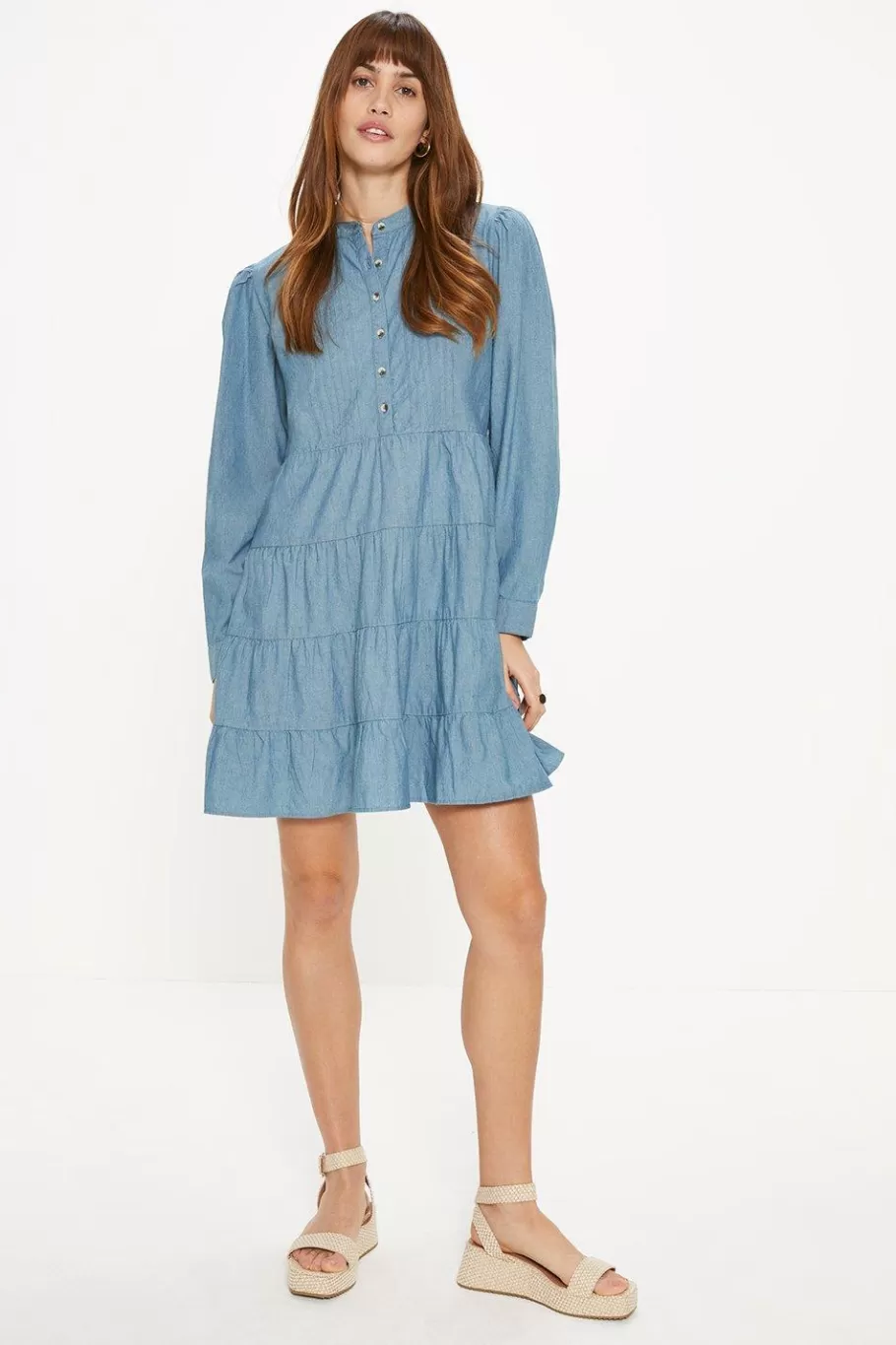 Oasis Chambray Pintuck Mini Dress Mid Wash Best Sale