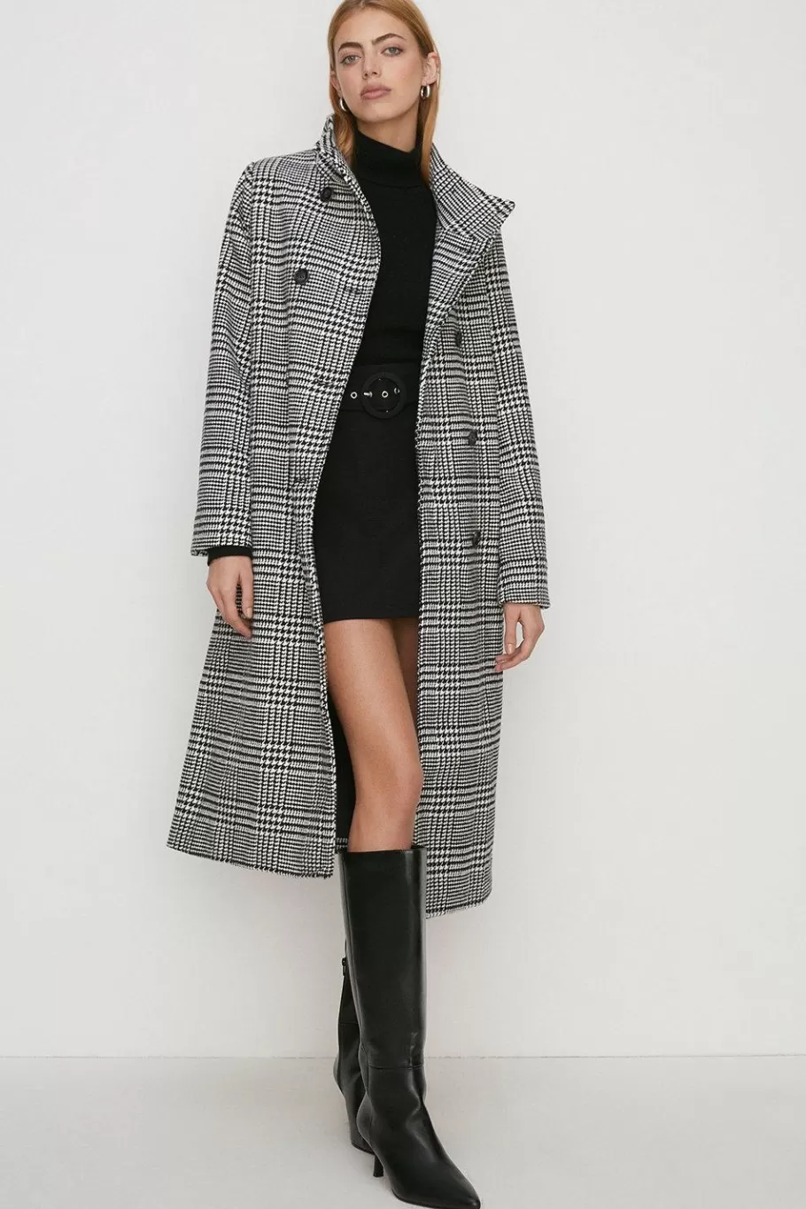 Oasis Check Collared Top Stitch Detail Coat Black Outlet