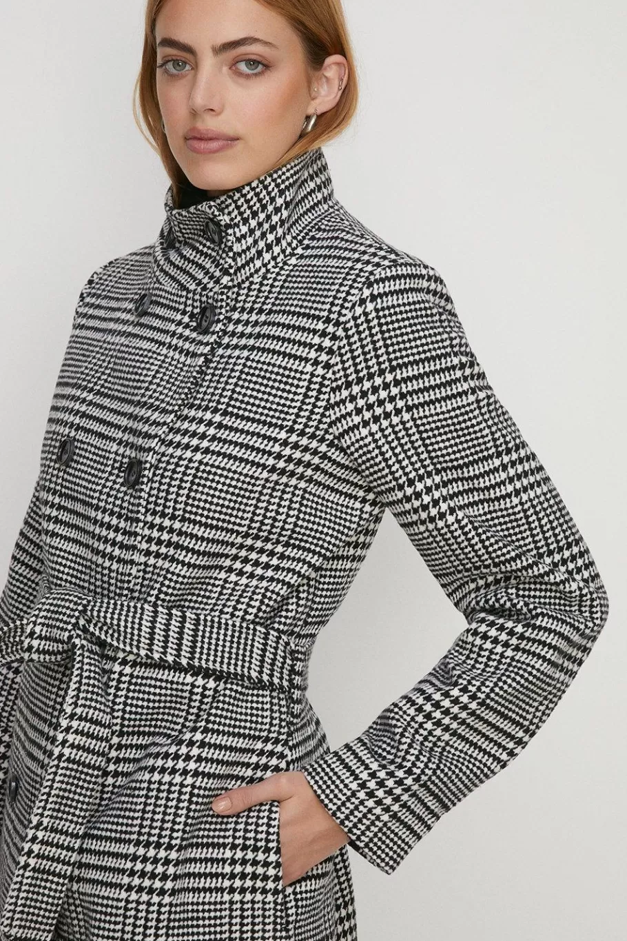 Oasis Check Collared Top Stitch Detail Coat Black Outlet