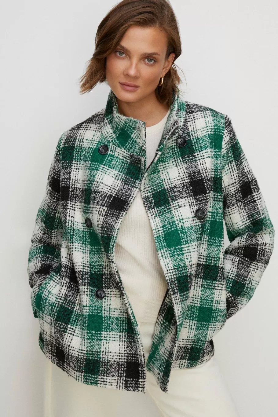 Oasis Check Collared Top Stitch Detail Short Coat Green Cheap