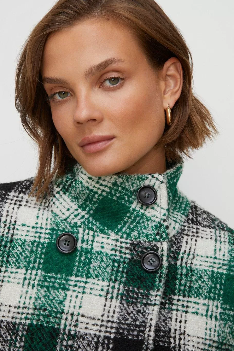 Oasis Check Collared Top Stitch Detail Short Coat Green Cheap