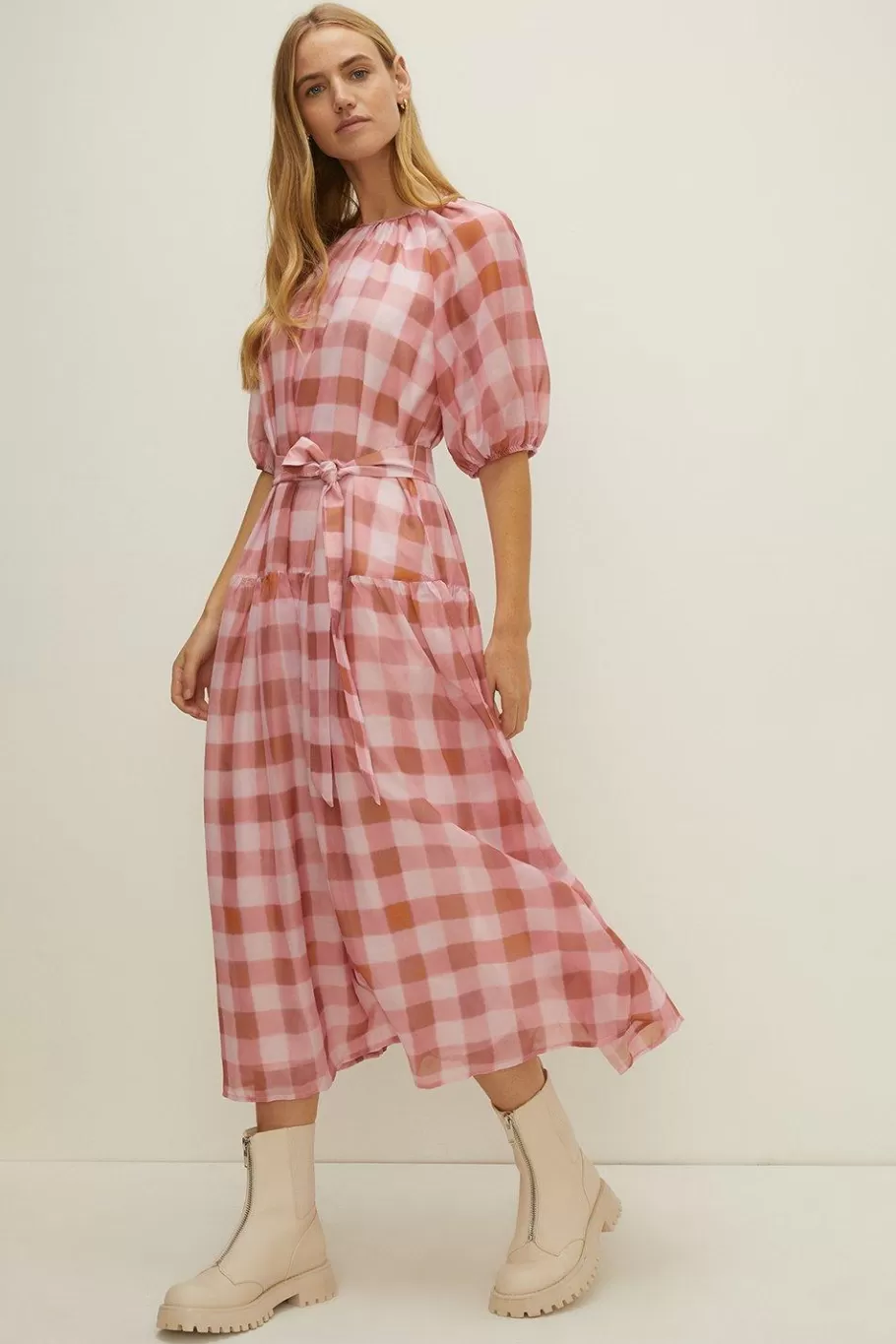 Oasis Check Puff Sleeve Belted Midi Dress Pink Discount