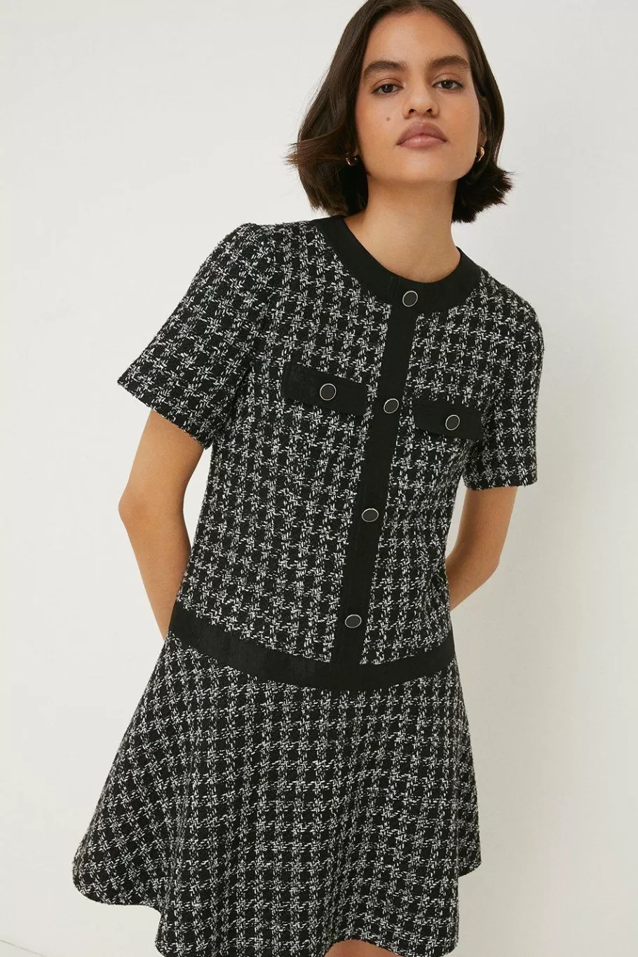 Oasis Check Tweed Flippy Mini Dress Black Flash Sale