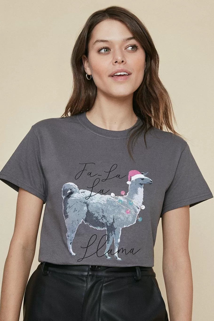 Oasis Christmas Llama T Shirt Charcoal Discount