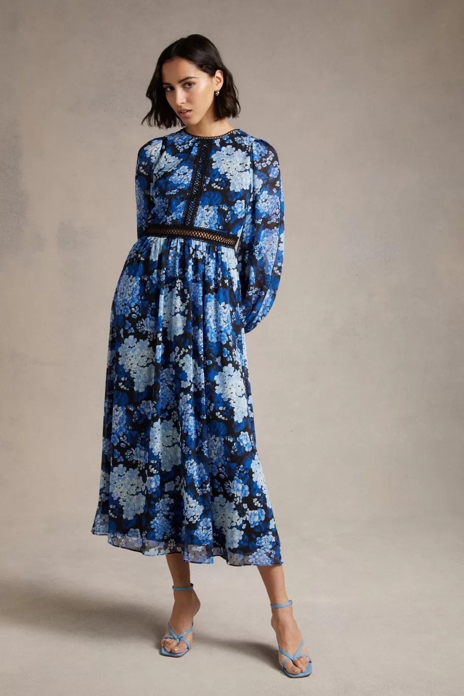 Oasis Cluster Floral Lace Balloon Sleeve Dobby Midi Dress Navy Hot