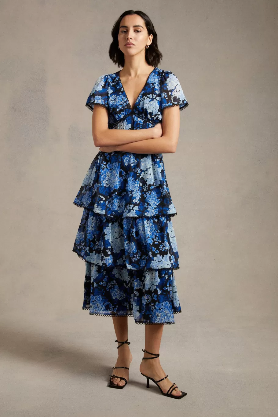 Oasis Cluster Floral Lace Tiered Dobby Midi Dress Navy Discount