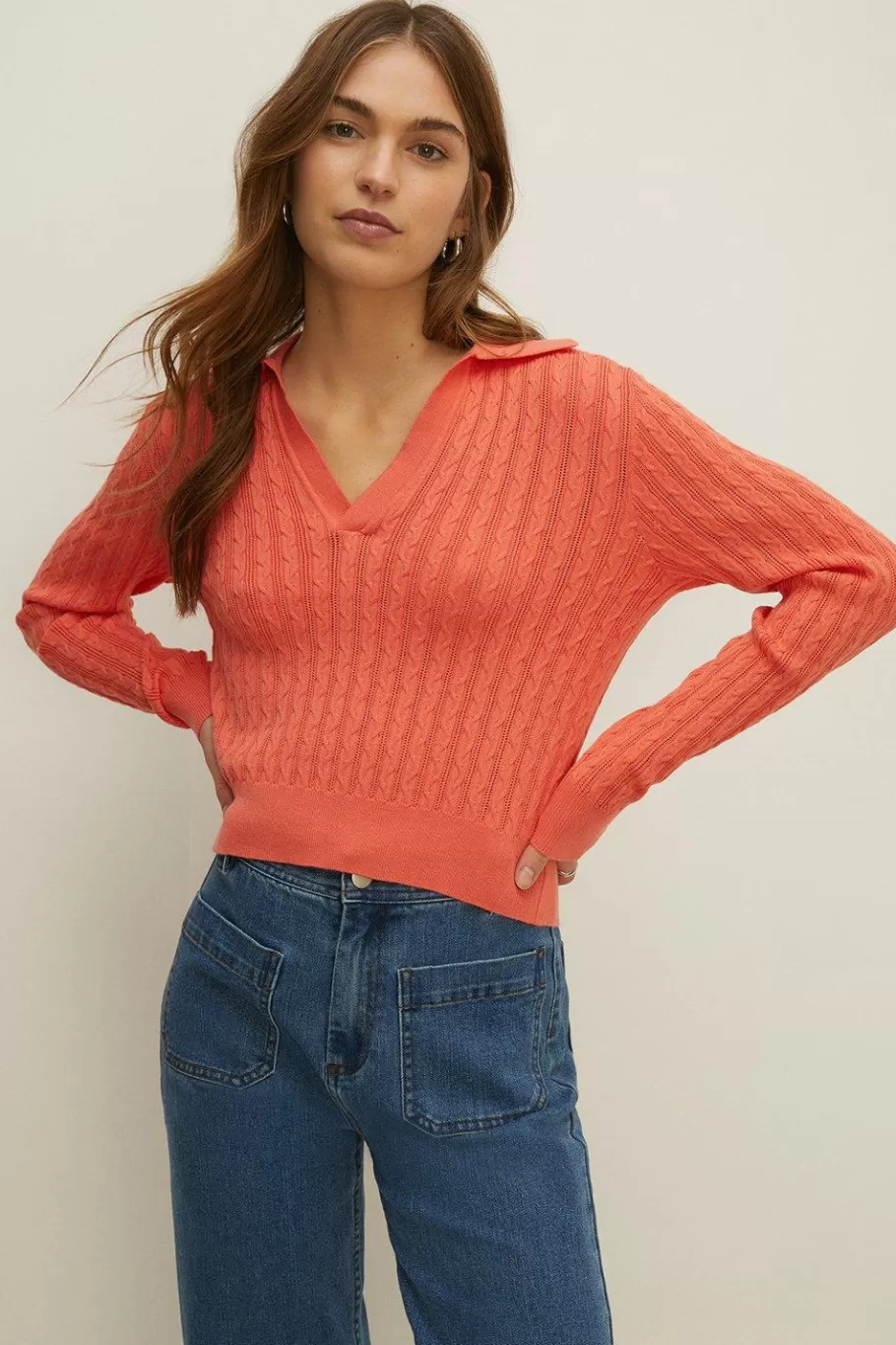 Oasis Collared Cable Stitch Jumper Coral Store