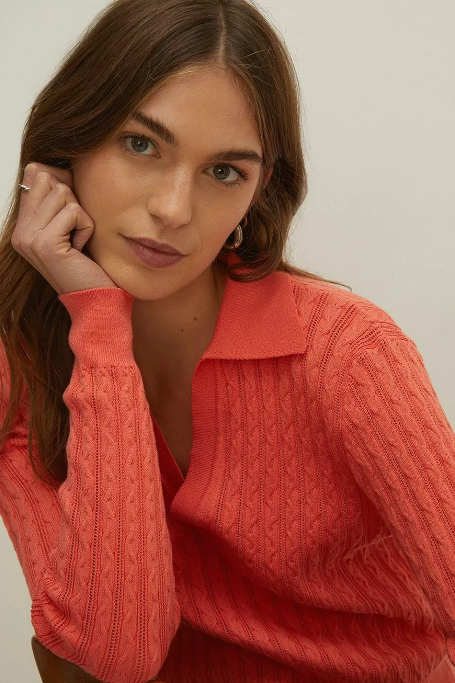 Oasis Collared Cable Stitch Jumper Coral Store