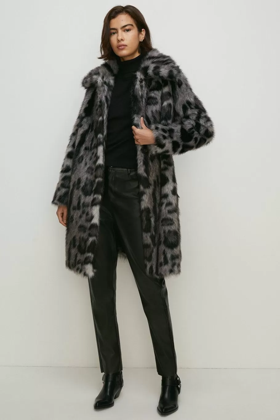 Oasis Collared Longline Animal Faux Fur Coat Grey Clearance