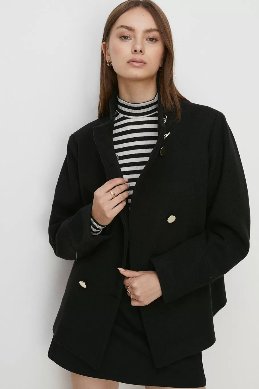 Oasis Collared Top Stitch Detail Short Coat Black Best