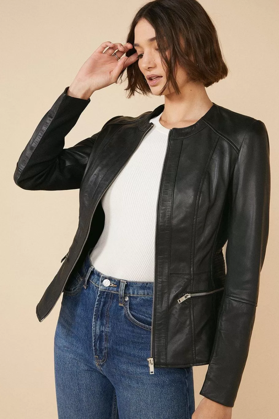 Oasis Collarless Leather Jacket Black Cheap