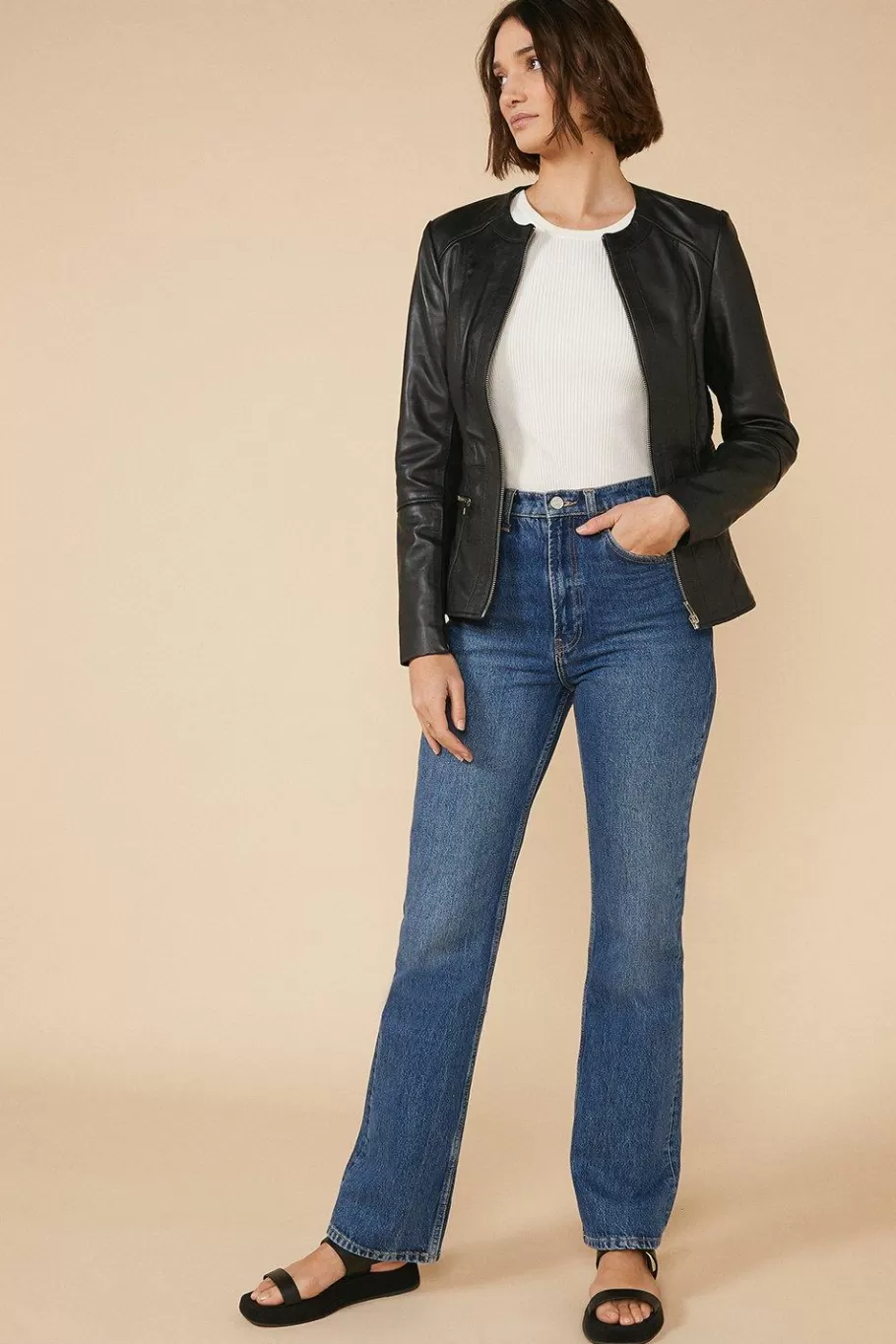 Oasis Collarless Leather Jacket Black Cheap