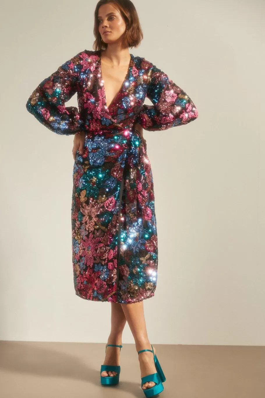 Oasis Colour Pop Sequin Floral Wrap Midi Dress Black Discount