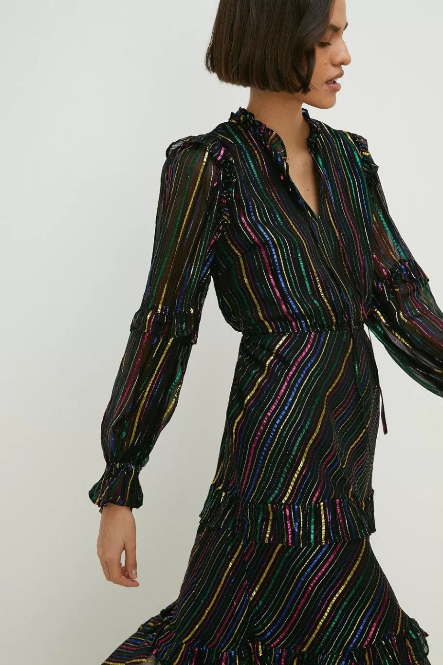 Oasis Colourful Metallic Stripe Ruffle Midi Dress Black New