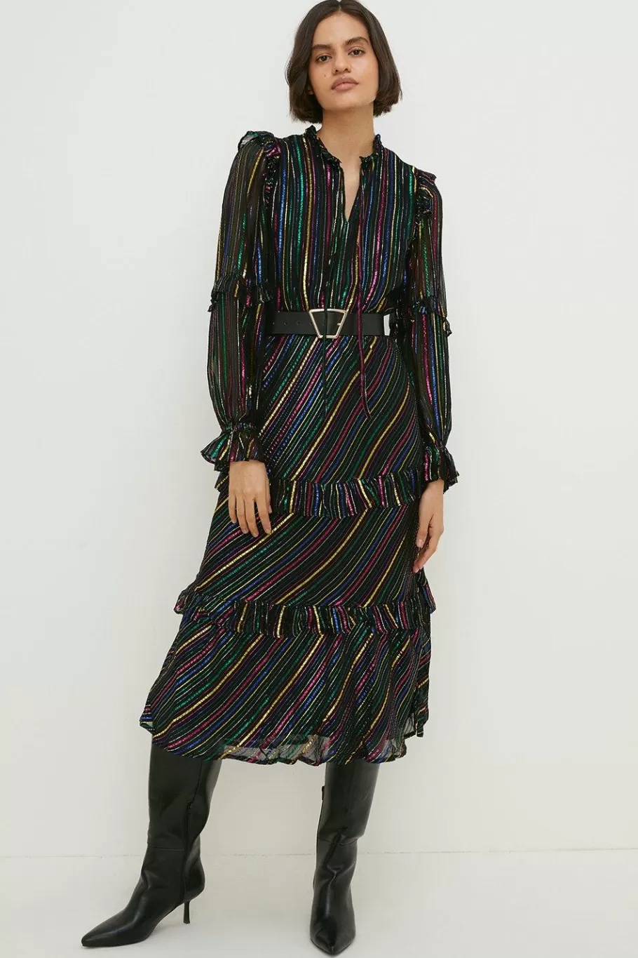 Oasis Colourful Metallic Stripe Ruffle Midi Dress Black New