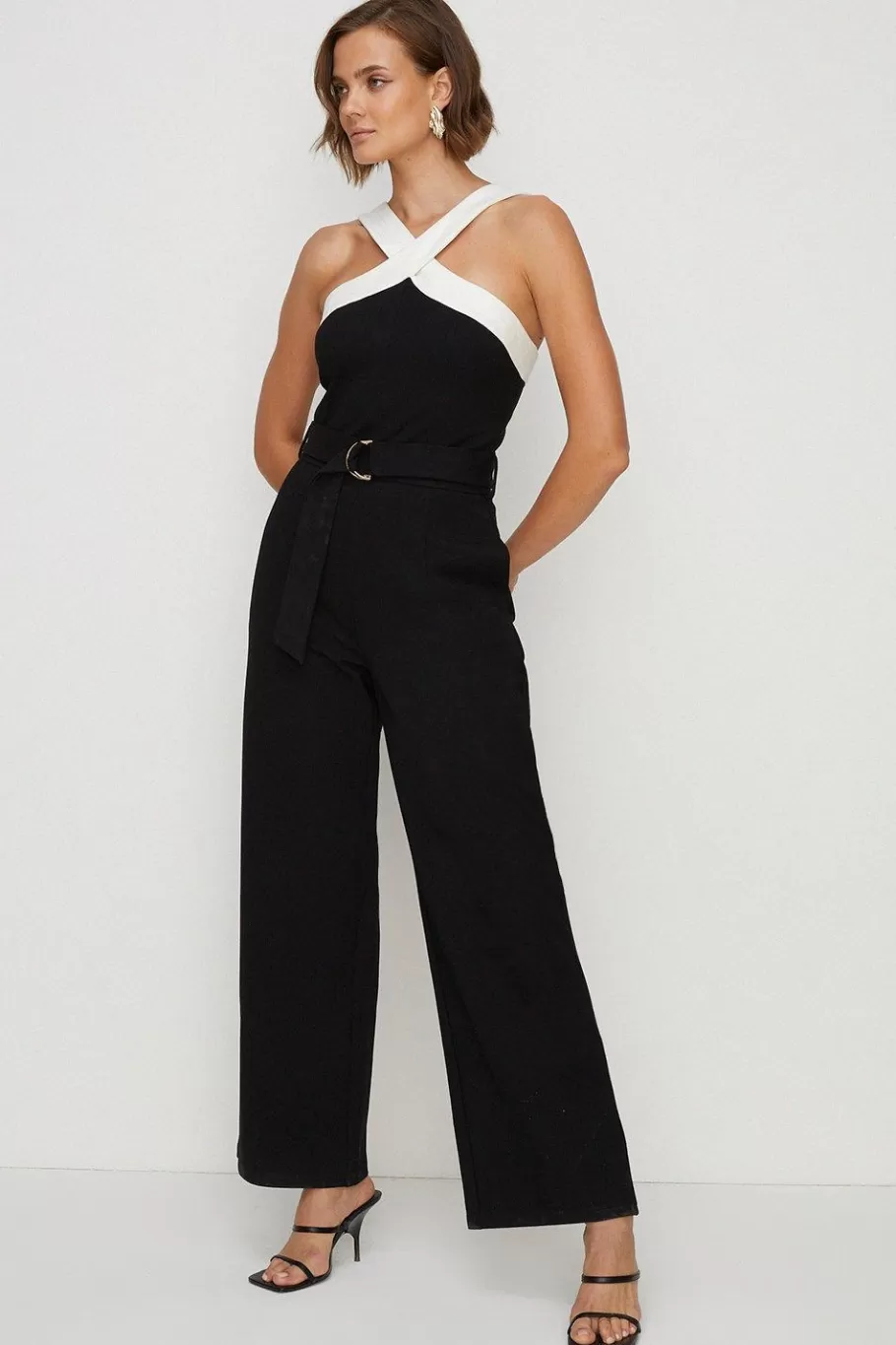 Oasis Contrast Halter Neck Ponte Jumpsuit Black Outlet