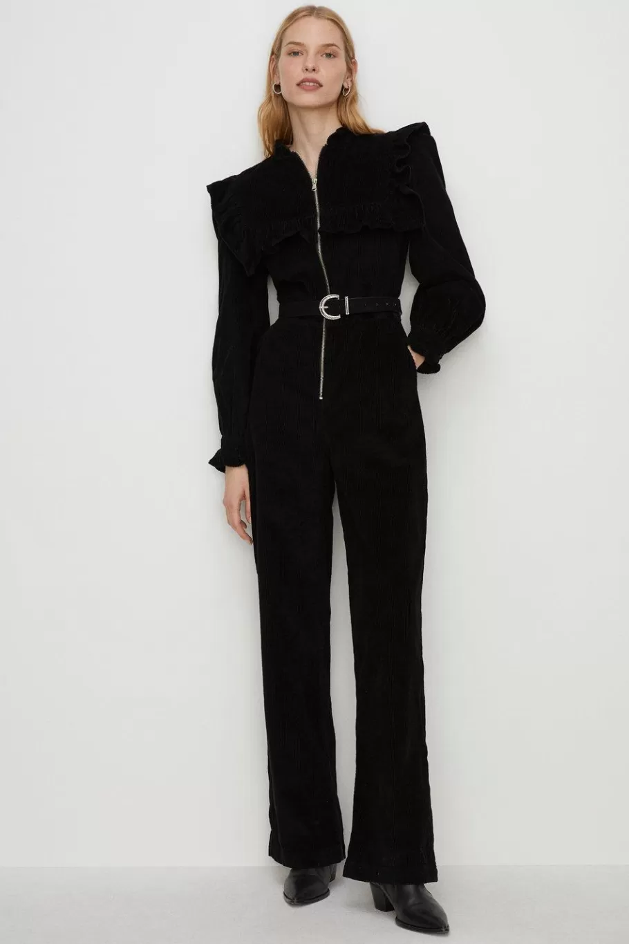 Oasis Cord Ruffle Yoke Jumpsuit Black Sale