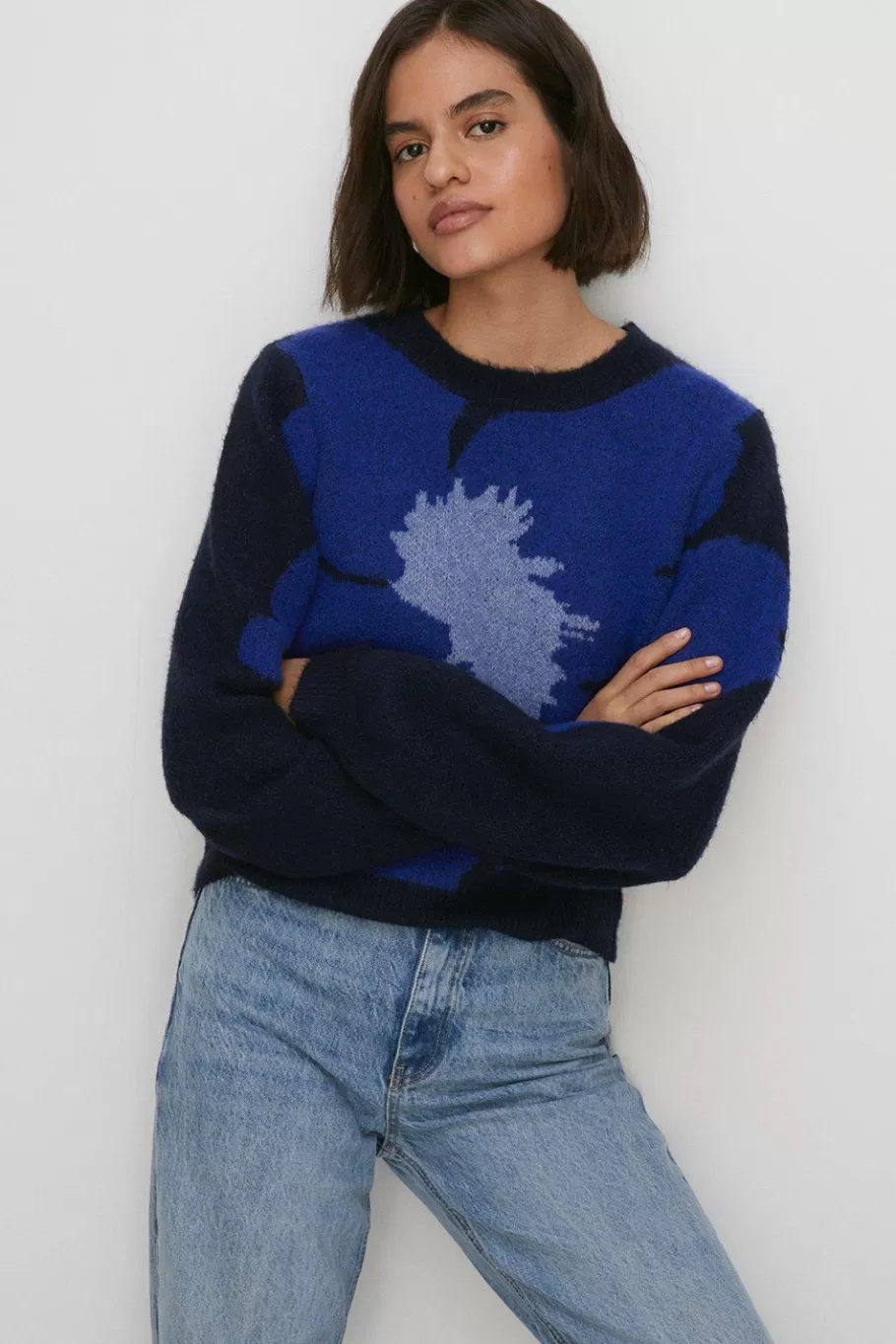 Oasis Cosy Statement Floral Jacquard Jumper Blue Best