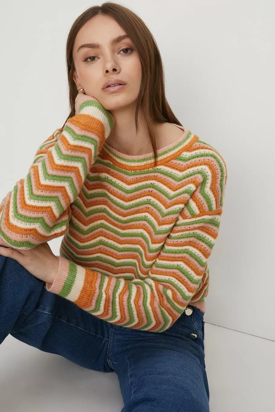 Oasis Cosy Zigzag Stripe Crew Neck Jumper Multi Fashion