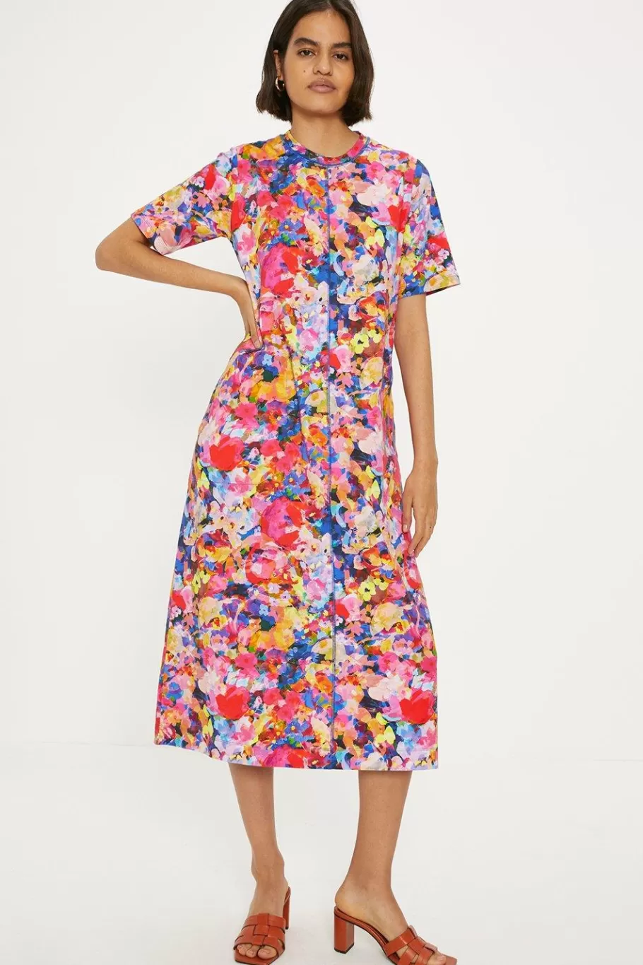 Oasis Cotton Bright Floral Seam Detail Midi Trapeze Dress Pink Cheap