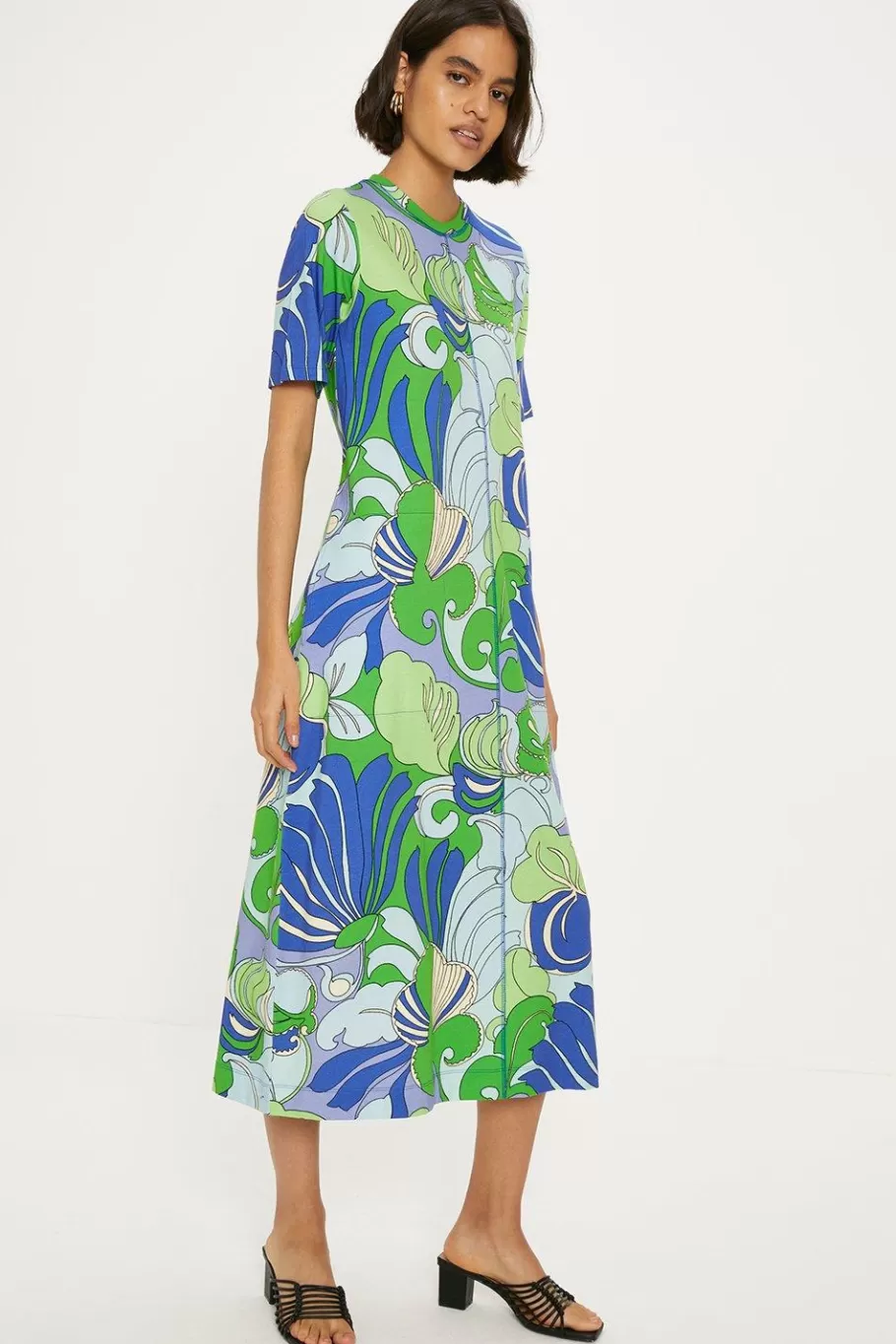 Oasis Cotton Leafy Floral Seam Detail Midi Trapeze Dress Green Online