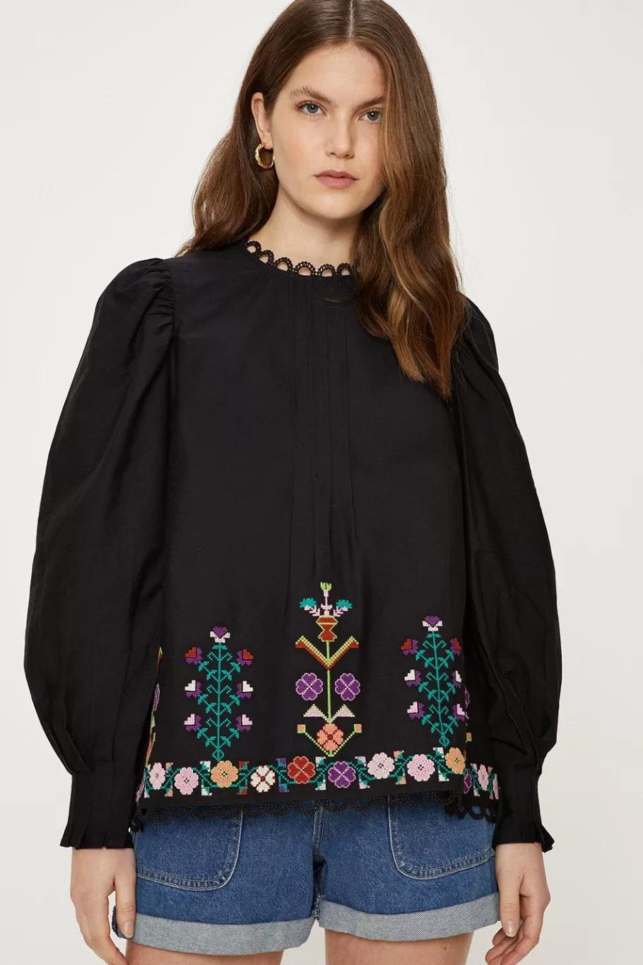 Oasis Cotton Poplin Embroidered Blouse Black Best