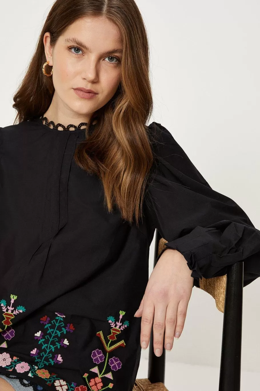 Oasis Cotton Poplin Embroidered Blouse Black Best