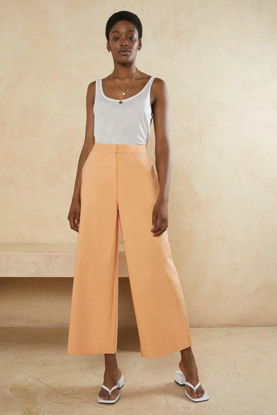 Oasis Cotton Sateen Wide Leg Tailored Trouser Apricot Cheap