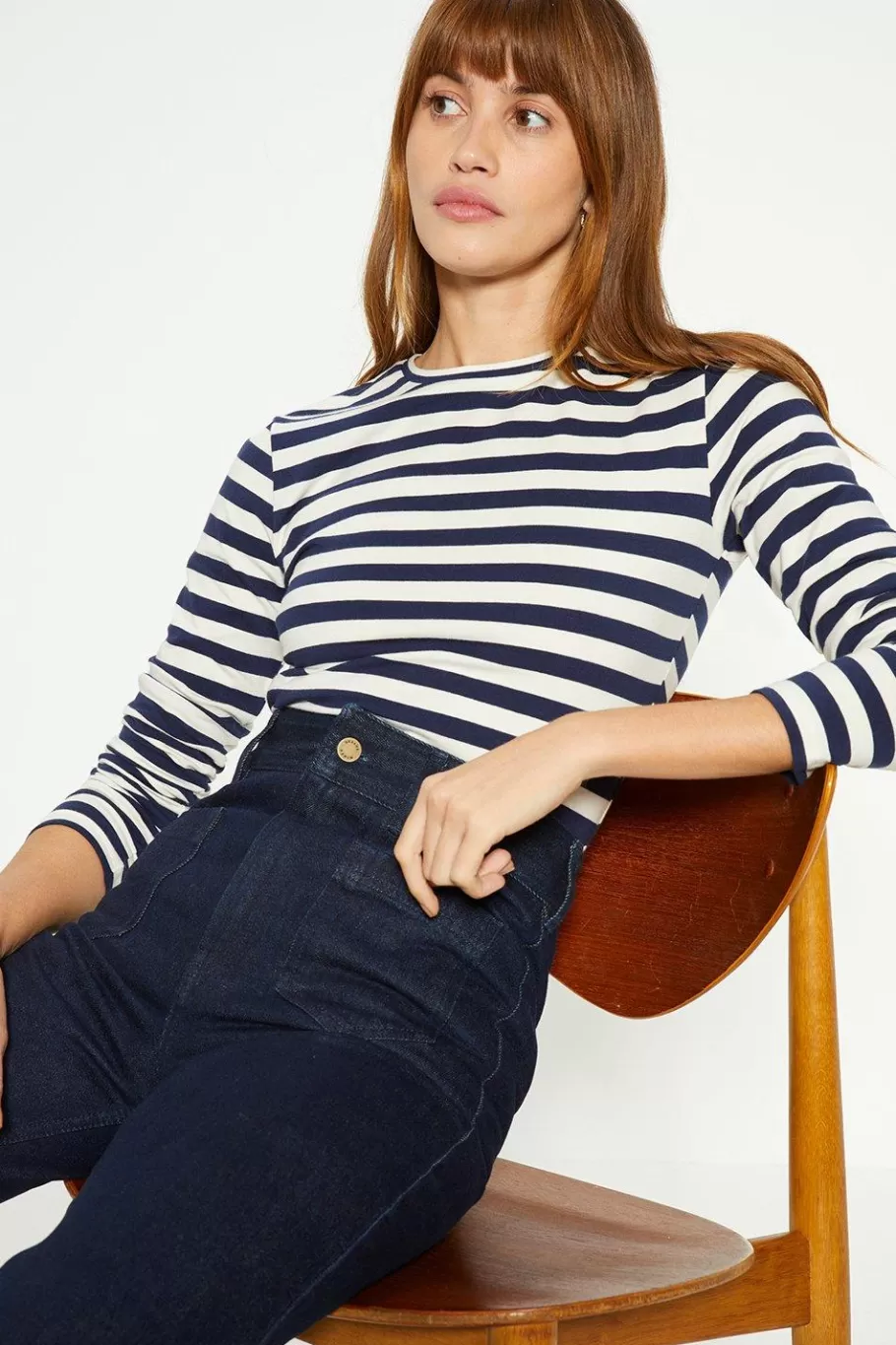 Oasis Cotton Stripe Crew Neck Long Sleeve Top Navy Sale