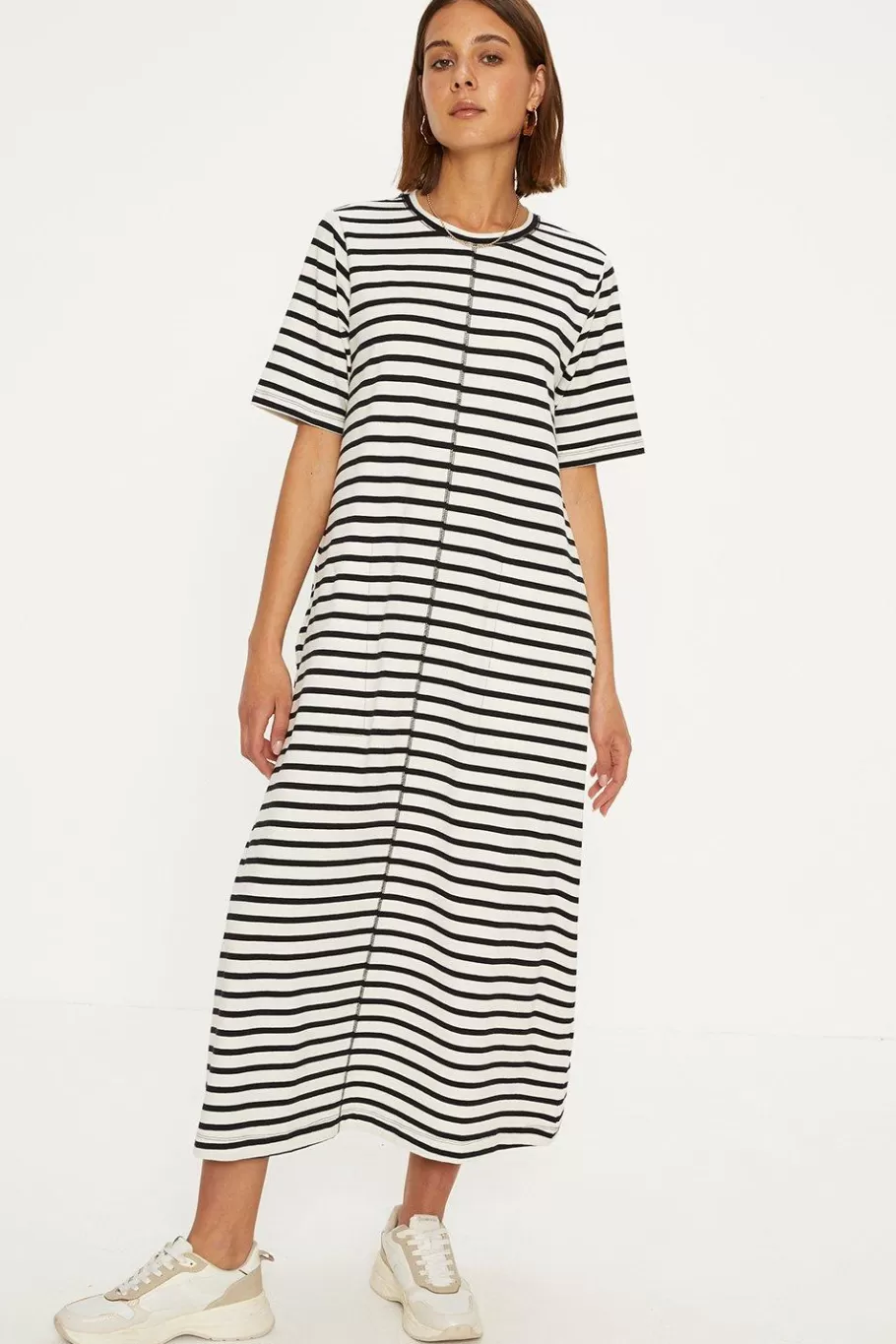 Oasis Cotton Stripe Seam Detail Midi Trapeze Dress Mono Cheap