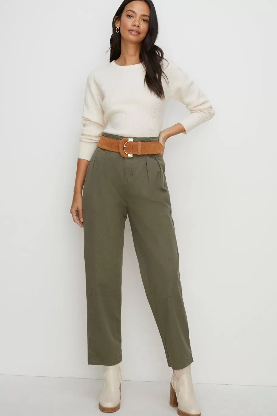 Oasis Cotton Twill Tie Waist Peg Trouser Khaki Cheap