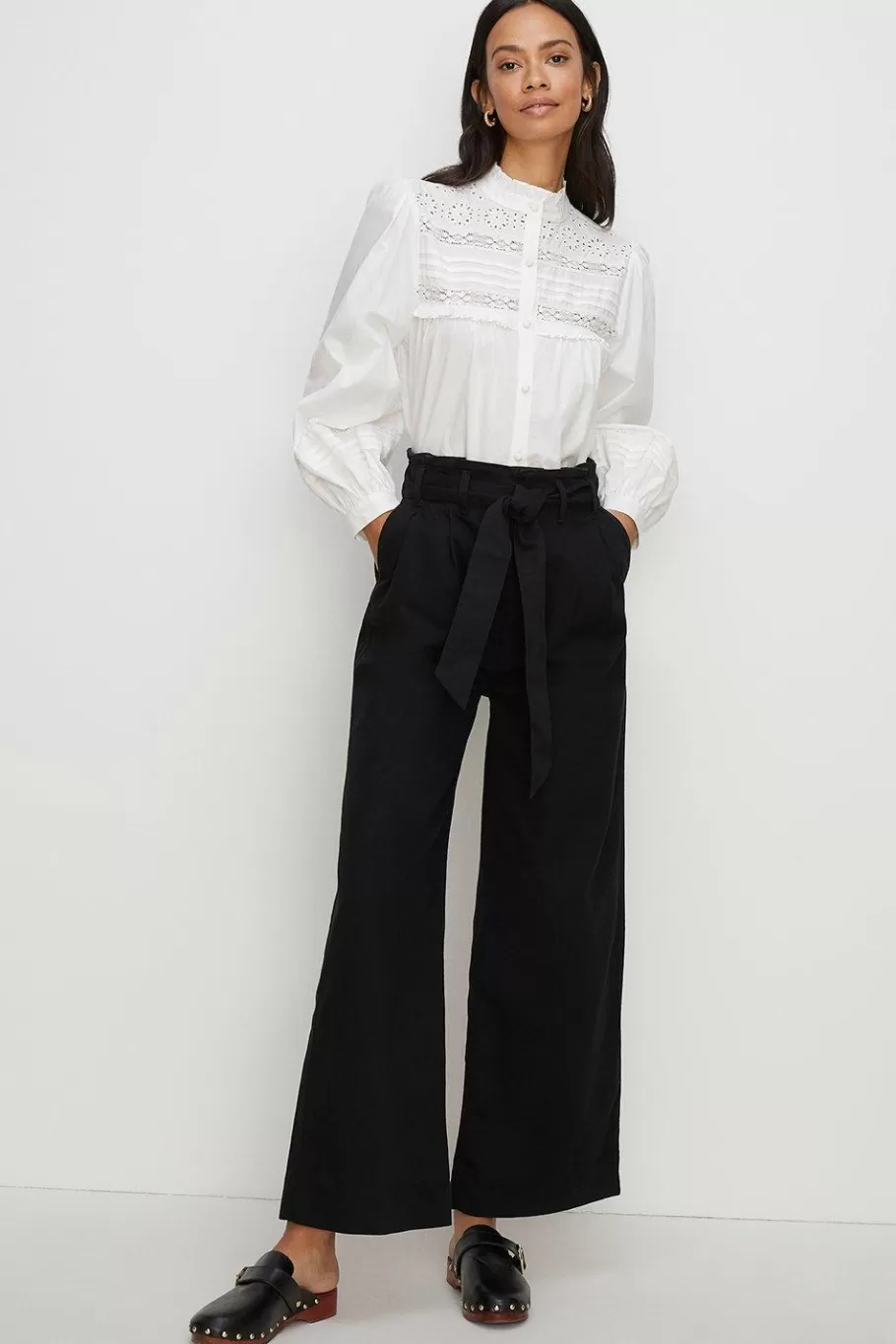 Oasis Cotton Twill Tie Waist Wide Leg Trouser Black Cheap