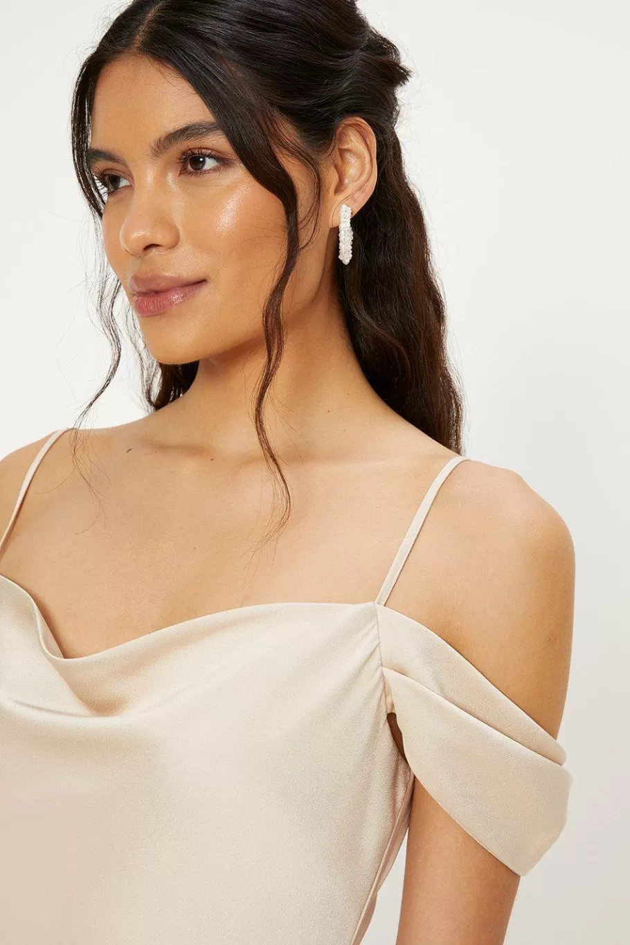 Oasis Cowl Cold Shoulder Satin Midi Dress Champagne Cheap