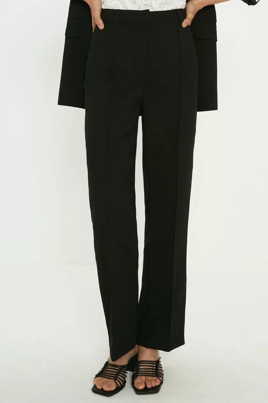 Oasis Crepe Pinstitch Straight Leg Trouser Black Best