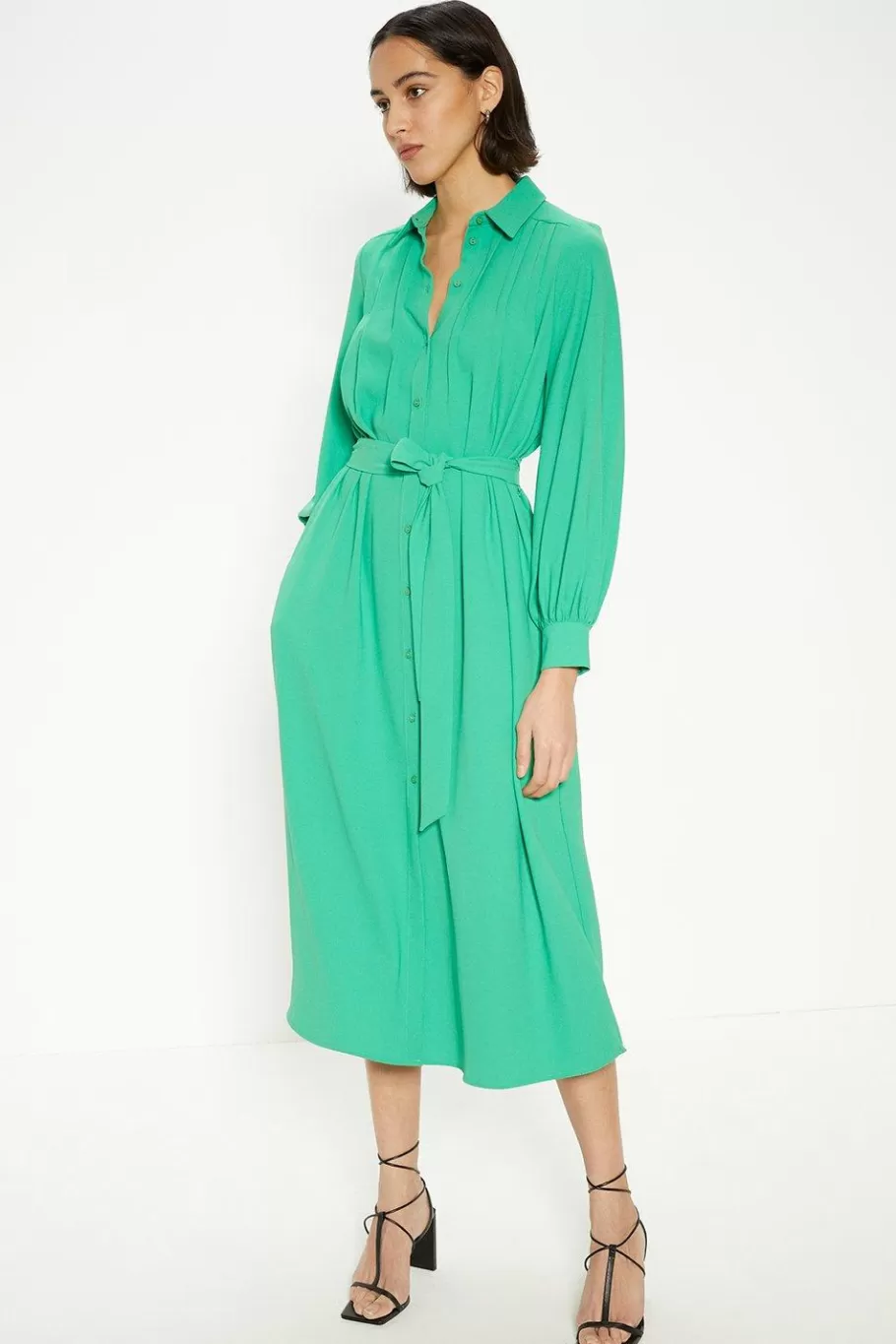 Oasis Crepe Pin-Tuck Belted Shirt Dress Green Sale